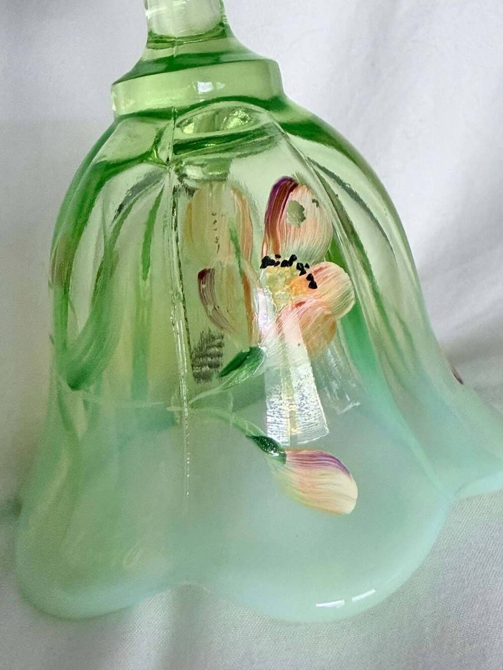 Uranium Fenton Hand Painted Light Green Floral Art Glass Bell - Picture 7 of 15